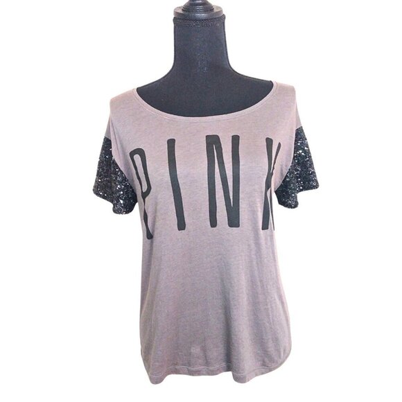 WOMEN'S PINK GRAY & BLACK T-SHIRT WITH BLACK SEQUINS SLEEVES - SIZE XS - Picture 1 of 3